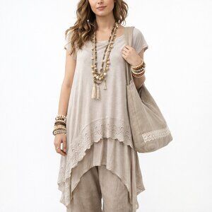 Maronie Beige Lace Inset Asymmetrical Lagenlook Tunic Top S
